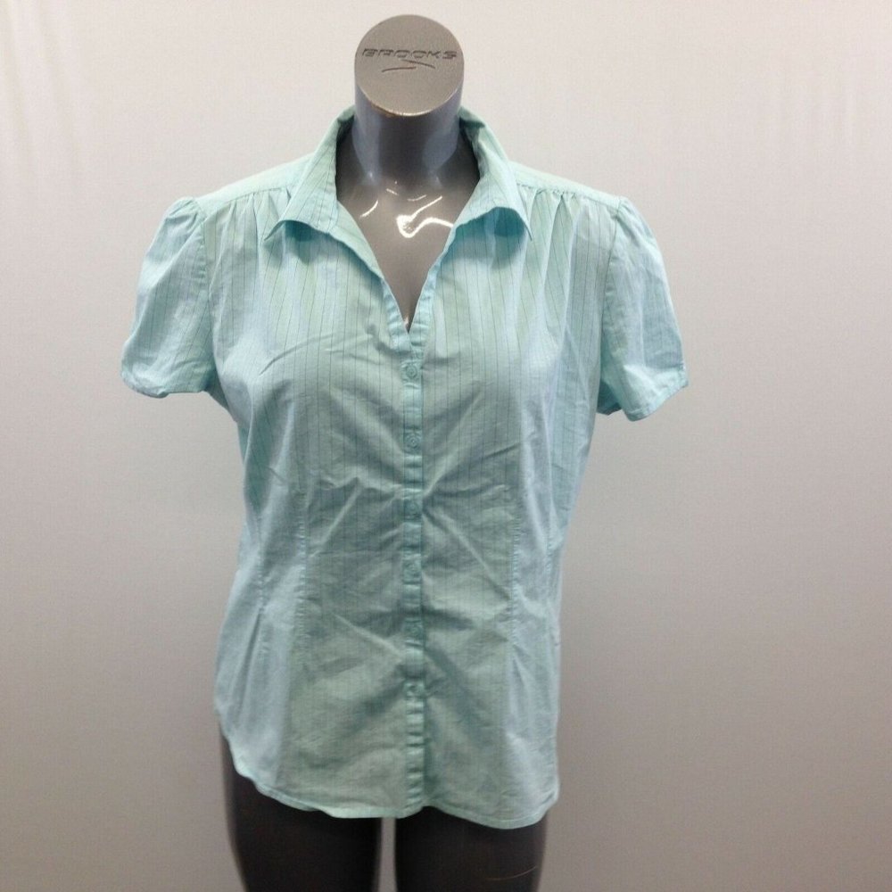 Jaclyn Smith V Neck Button Up Blouse Women's Size XL Cotton Blend Green Striped